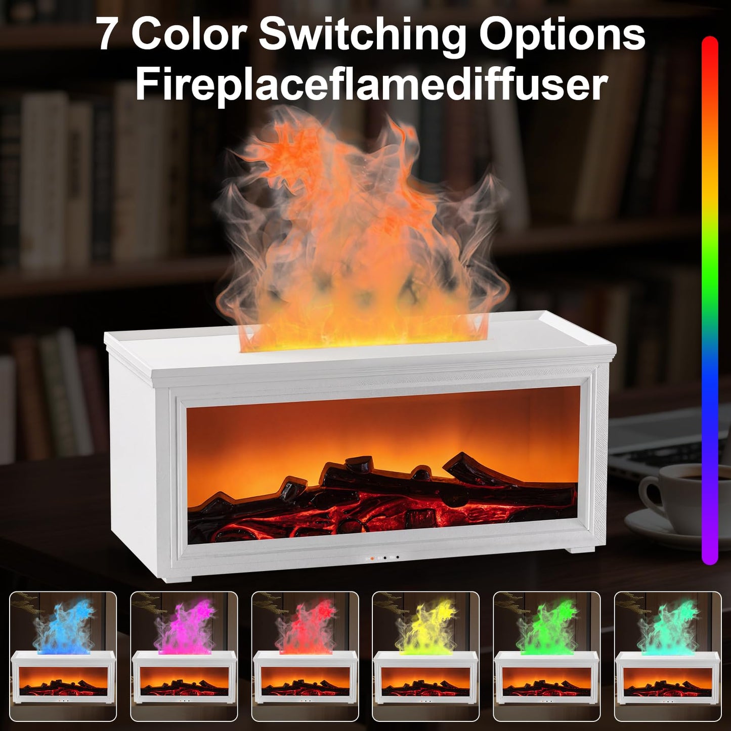 Fireplace Essential Oil Diffuser Humidifier – Ultrasonic Aroma with 7-Color Flame, Remote & Auto-Off (White)