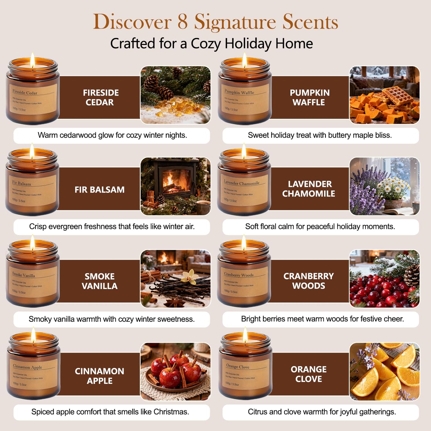 Holiday Candle Gift Set – 8-Pack Vintage Amber Glass Jars | Winter Scents