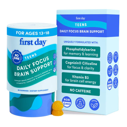FIRST DAY Teen Brain & Focus Gummies (Ages 13–18) – Cognizin® Citicoline & Phosphatidylserine | Vegan, Non-GMO, Caffeine-Free | 30-Day Supply