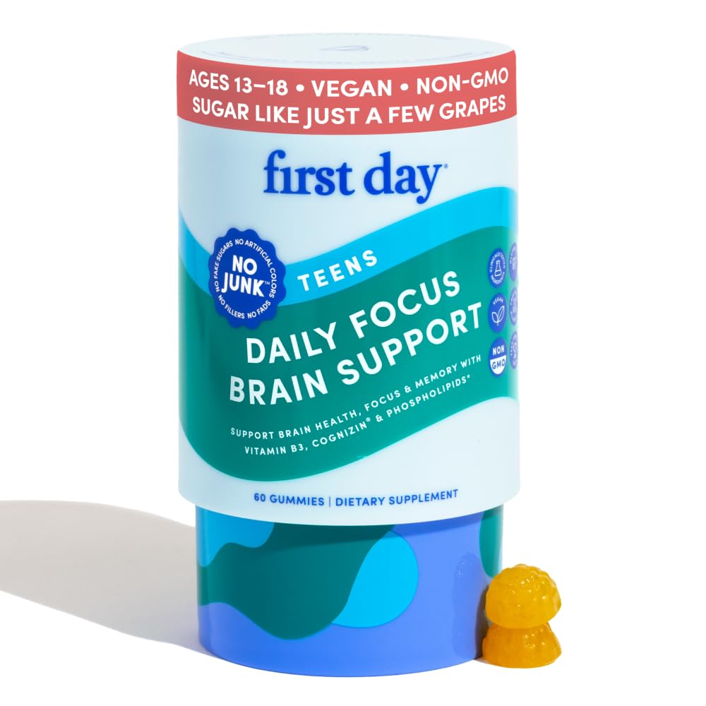 FIRST DAY Teen Brain & Focus Gummies (Ages 13–18) – Cognizin® Citicoline & Phosphatidylserine | Vegan, Non-GMO, Caffeine-Free | 30-Day Supply