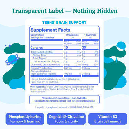 FIRST DAY Teen Brain & Focus Gummies (Ages 13–18) – Cognizin® Citicoline & Phosphatidylserine | Vegan, Non-GMO, Caffeine-Free | 30-Day Supply