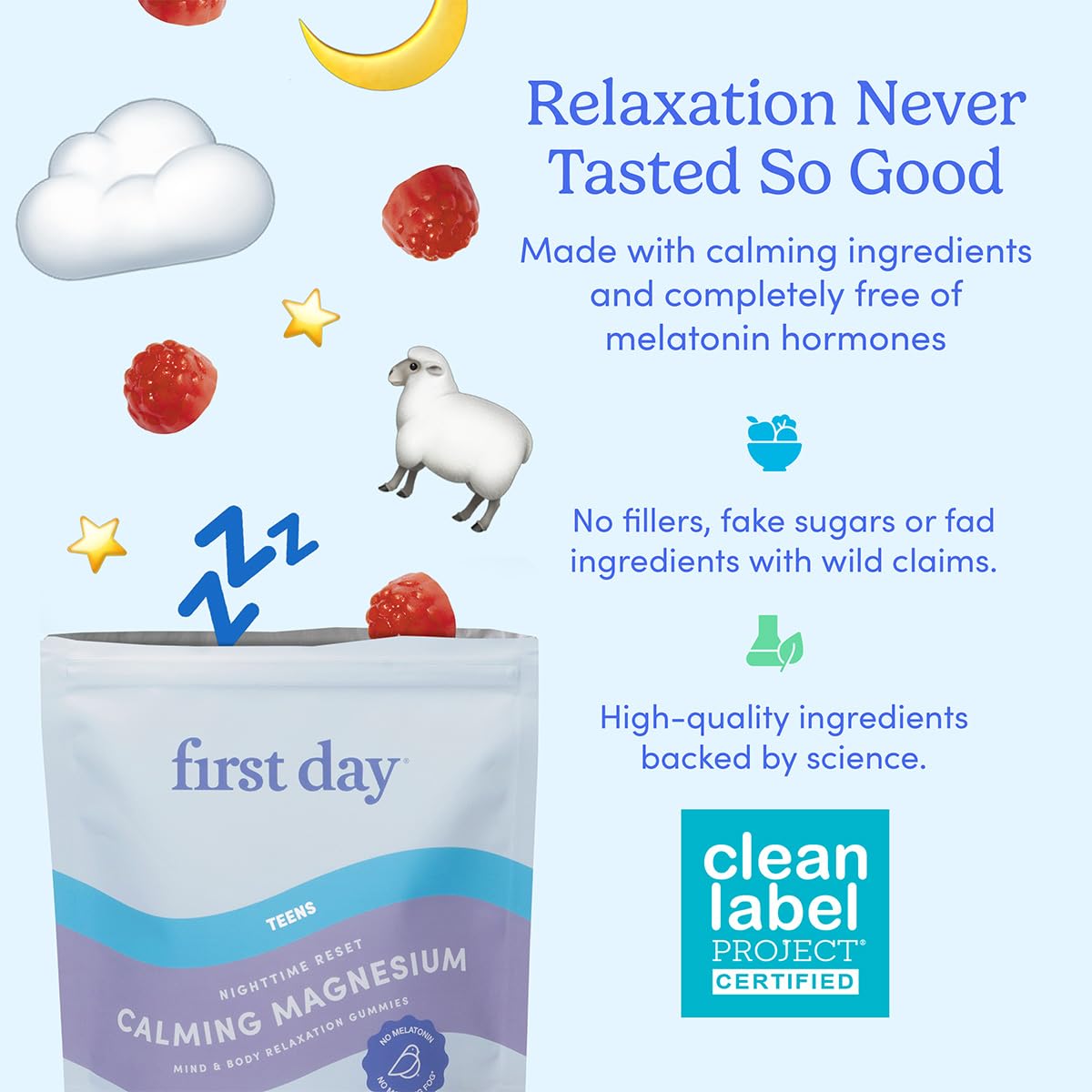 First Day Teens’ Nighttime Reset Calming Magnesium Gummies – Sleep Support, Mood Balance & Energy (30-Day Supply)