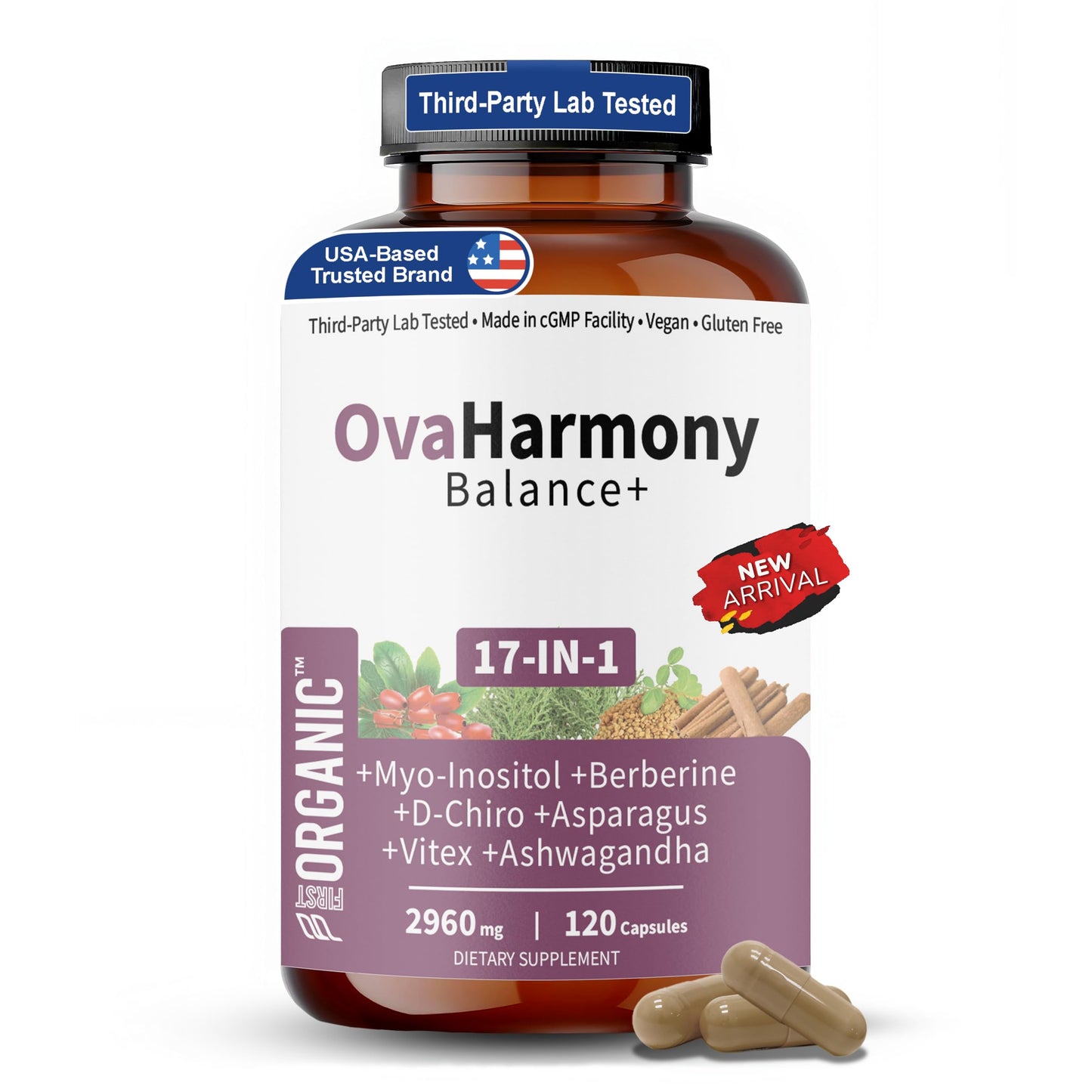 FIRSTORGANIC OvaHarmony Balance+ | 2960mg - 17-in-1 | Herbal PCOD/PCOS & Menstural Cycle Support | Feminine Everyday Wellness Formula | Third-Party Tested, Vegan, Non-GMO, Gluten Free | 120 Capsules