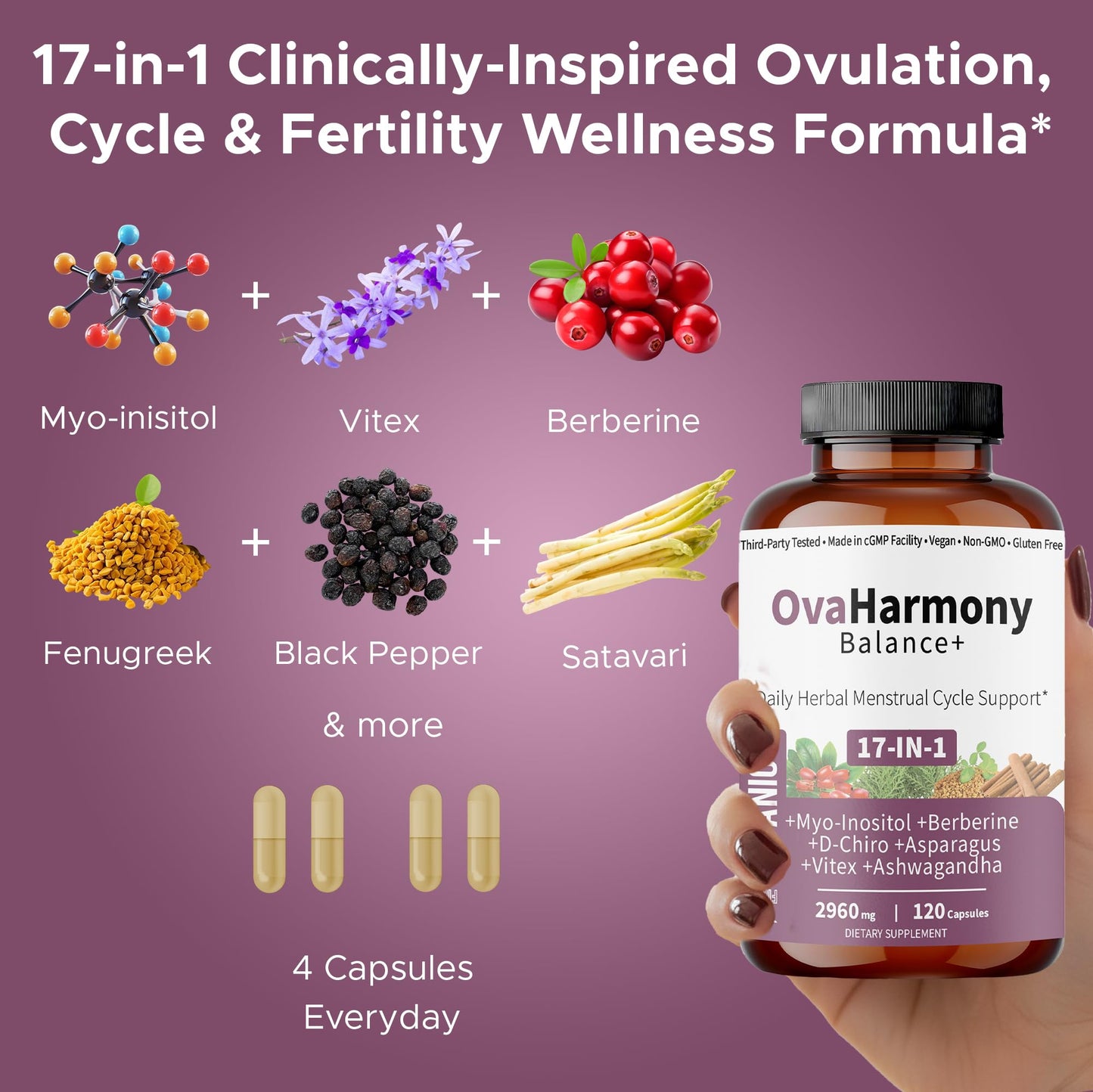 FIRSTORGANIC OvaHarmony Balance+ | 2960mg - 17-in-1 | Herbal PCOD/PCOS & Menstural Cycle Support | Feminine Everyday Wellness Formula | Third-Party Tested, Vegan, Non-GMO, Gluten Free | 120 Capsules