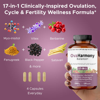 FIRSTORGANIC OvaHarmony Balance+ | 2960mg - 17-in-1 | Herbal PCOD/PCOS & Menstural Cycle Support | Feminine Everyday Wellness Formula | Third-Party Tested, Vegan, Non-GMO, Gluten Free | 120 Capsules
