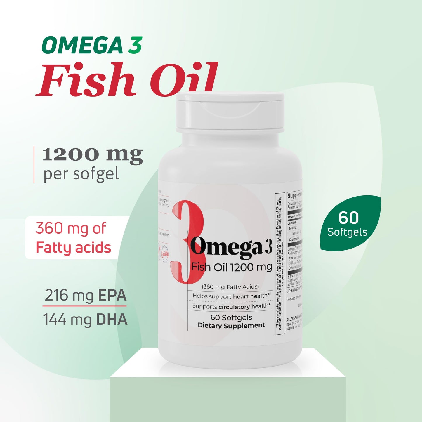 Fish Oil 1200 mg | 360 mg Omega-3s for Heart, Circulation & Brain Health – 60 Softgels