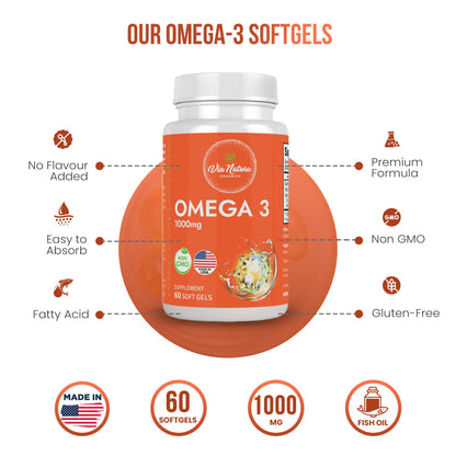 Via Natura Organics Omega 3 1000mg | EPA & DHA | 60 Softgels | Non-GMO