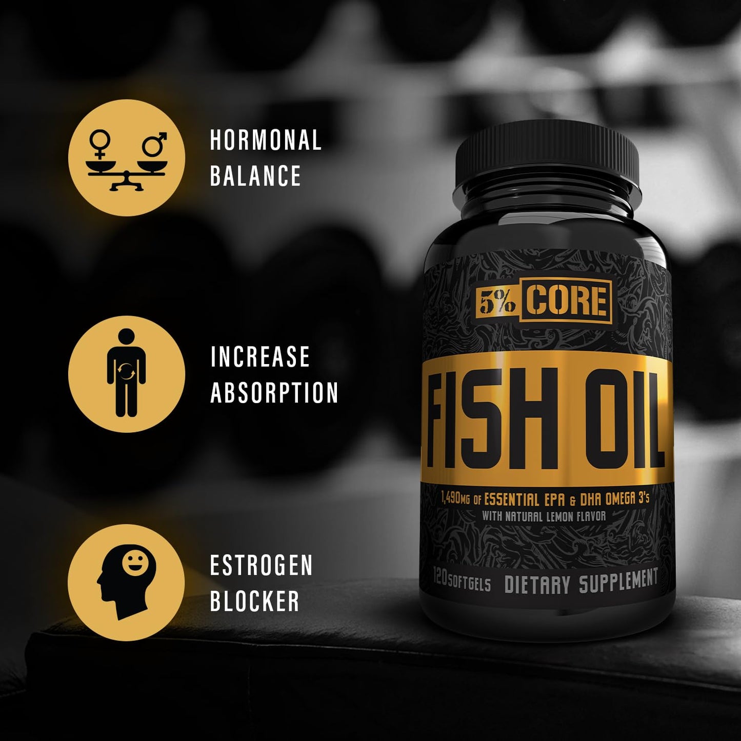 5% Nutrition Core Fish Oil Supplement – 2,500 mg EPA & DHA | Burpless, 60 Servings (120 Softgels)