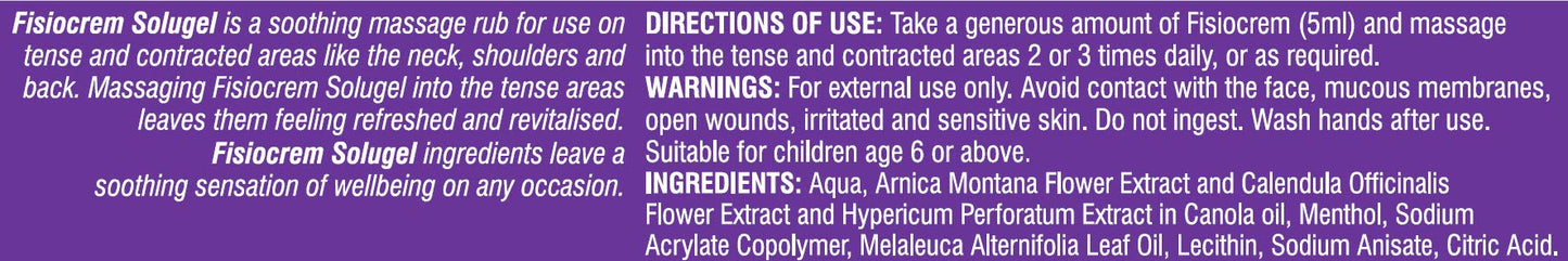 Fisiocrem Solugel - Massage rub for Neck, Shoulders and Back with Arnica - 100 ml