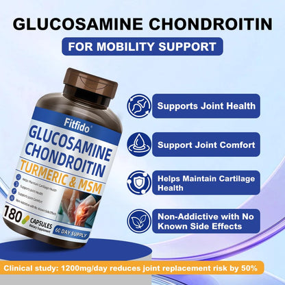 Fitfido Glucosamine Chondroitin MSM and Turmeric - Joint Health & Mobility, 180 Capsules