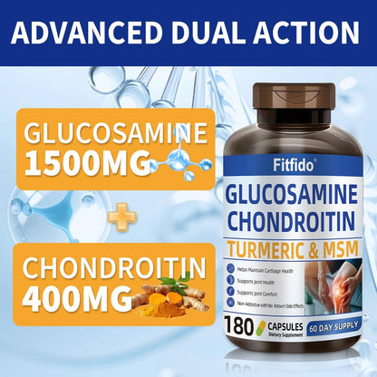 Fitfido Glucosamine Chondroitin MSM and Turmeric - Joint Health & Mobility, 180 Capsules