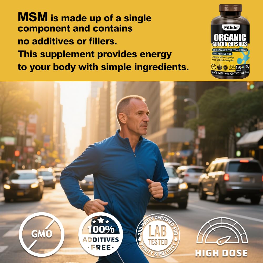 Fitfido MSM 1000mg Capsules – Organic Sulfur for Joints, Hair, Skin & Nails | 180 Caps