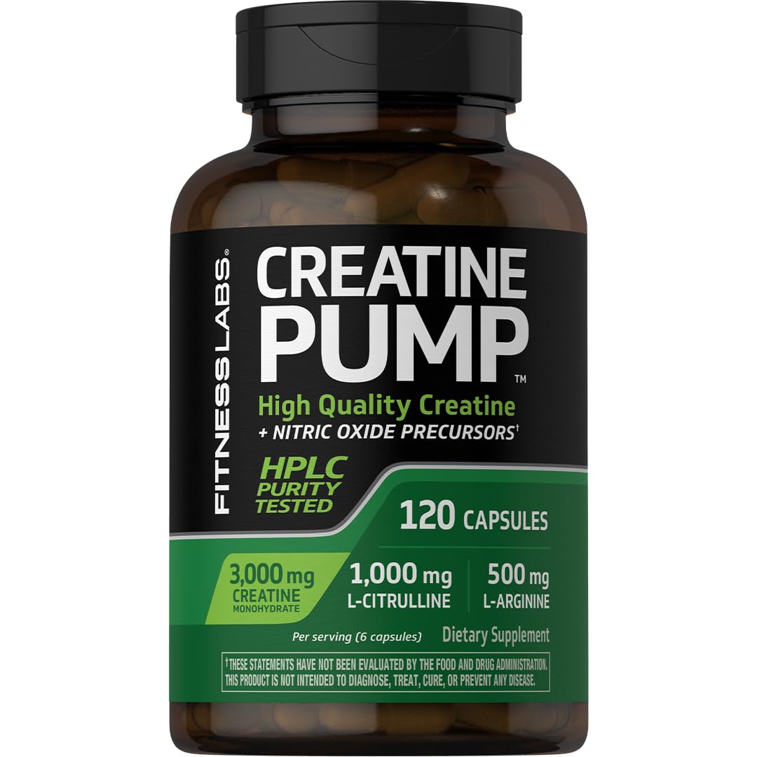 Fitness Labs Creatine Capsules | 120 Count, 3000mg Creatine Monohydrate, Pump & NO Precursor | HPLC Tested | Non-GMO