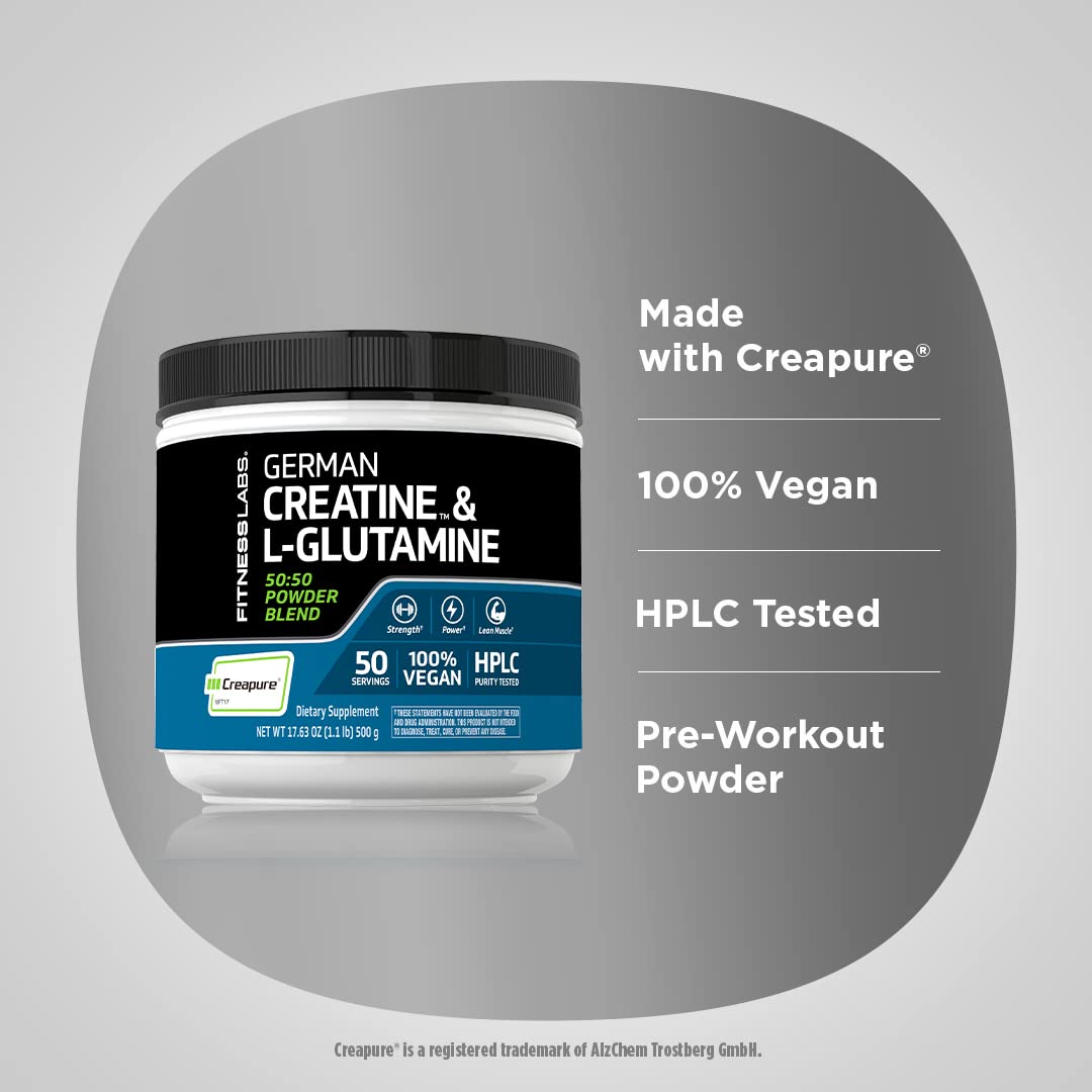 Fitness Labs German Creatine & L-Glutamine | 1.1 lbs Monohydrate with Creapure | Vegan Pre-Workout Powder