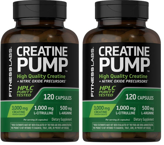 Fitness Labs Creatine Monohydrate Capsules | 120 Powder Pills | 3000mg | German Creatine for Women and Men | Creapure Pump Supplement | Plus Nitric Oxide Precursor | HPLC Tested | Non-GMO (Pack of 2) BritishVita | Premium UK Vitamins & Wellness Supplements