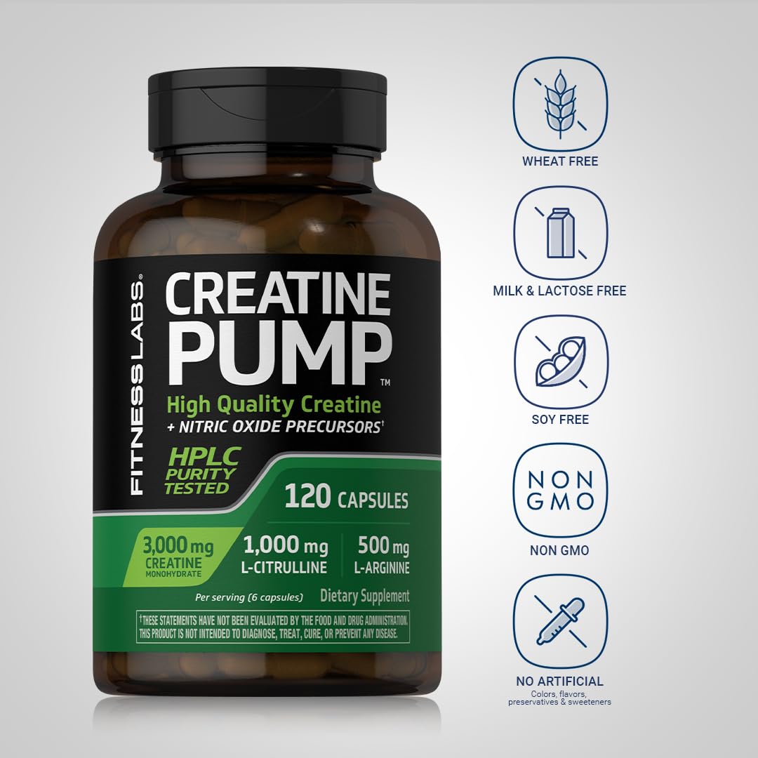 Fitness Labs Creatine Monohydrate Capsules | 120 Powder Pills | 3000mg | German Creatine for Women and Men | Creapure Pump Supplement | Plus Nitric Oxide Precursor | HPLC Tested | Non-GMO (Pack of 2)