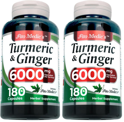 FITO MEDIC'S Lab | Turmeric and Ginger Supplement | 6000 mg | 180 Caps | Ultra high Absorption, s. (Pack of 2)