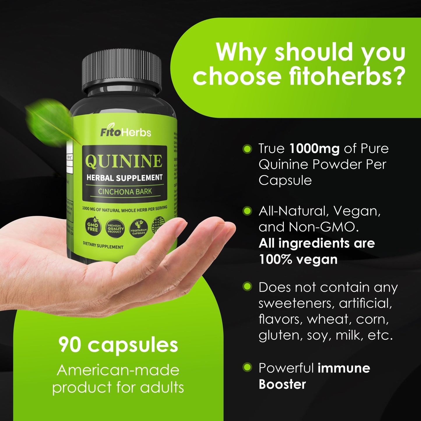 FitoHerbs Quinine Herbal Supplement - Cinchona Bark 1000mg Veg Capsules (90) | Leg Cramps, Immune & Digestive Support