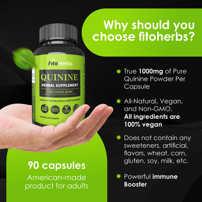 FitoHerbs Quinine Herbal Supplement - Cinchona Bark 1000mg Veg Capsules (90) | Leg Cramps, Immune & Digestive Support