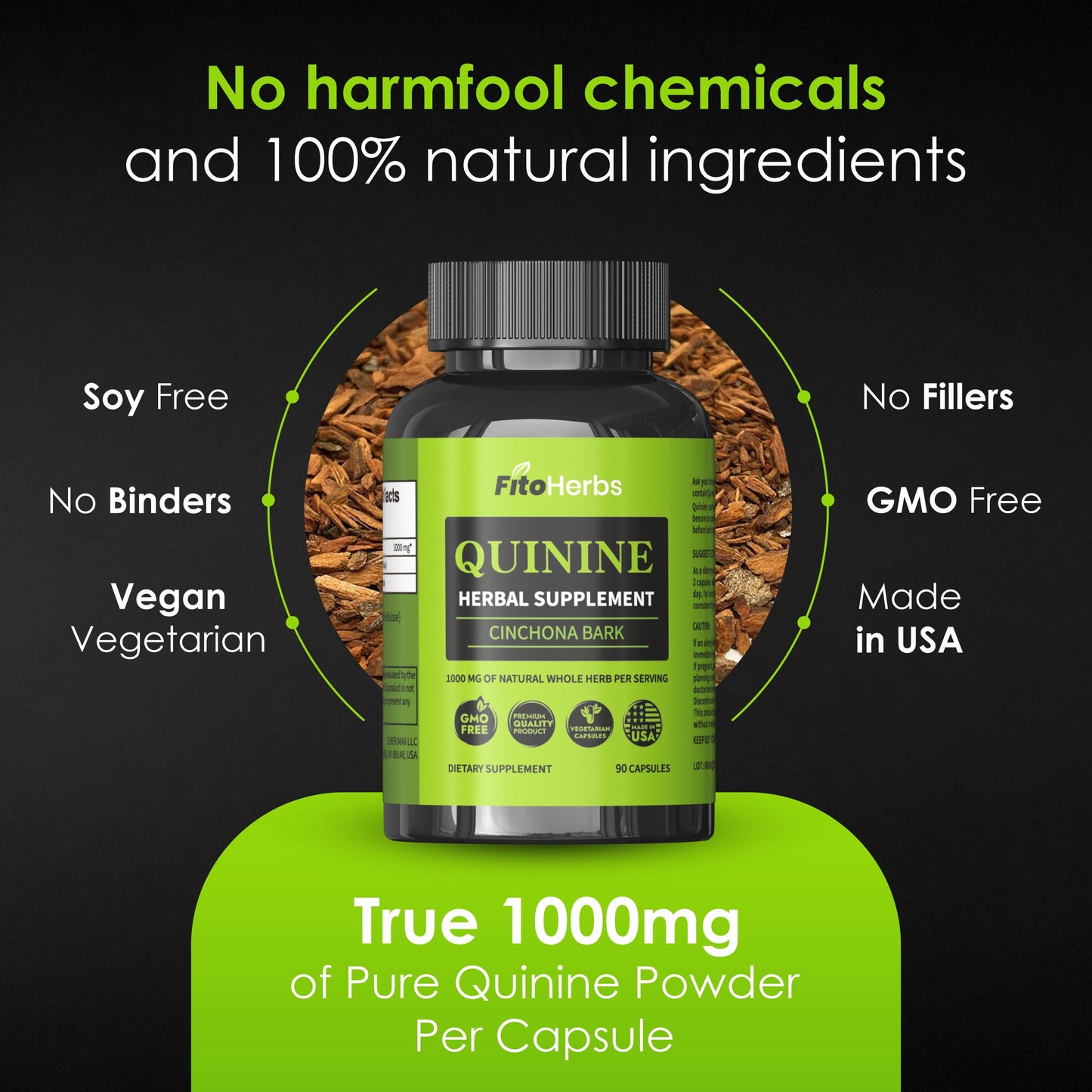 FitoHerbs Quinine Herbal Supplement - Cinchona Bark 1000mg Veg Capsules (90) | Leg Cramps, Immune & Digestive Support