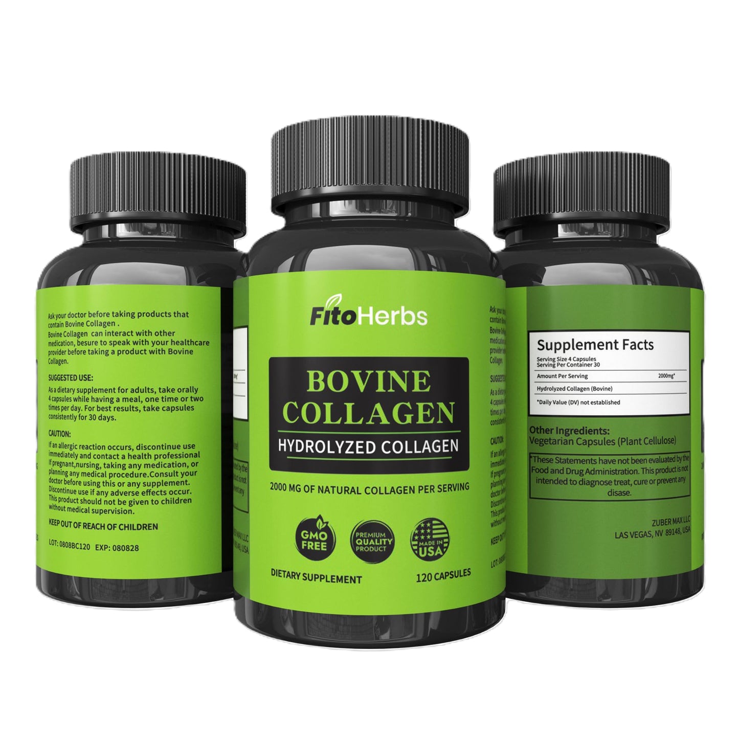 FitoHerbs Vegan Bovine Collagen Capsules – 2000 mg per Serving, Grass-Fed & Non-GMO, 120 Capsules