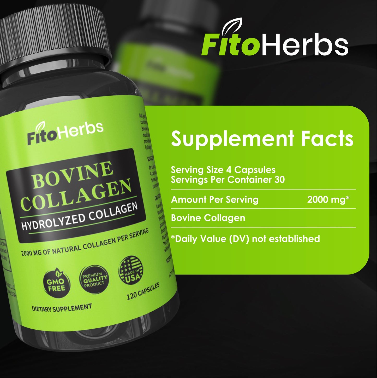 FitoHerbs Vegan Bovine Collagen Capsules – 2000 mg per Serving, Grass-Fed & Non-GMO, 120 Capsules