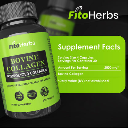 FitoHerbs Vegan Bovine Collagen Capsules – 2000 mg per Serving, Grass-Fed & Non-GMO, 120 Capsules