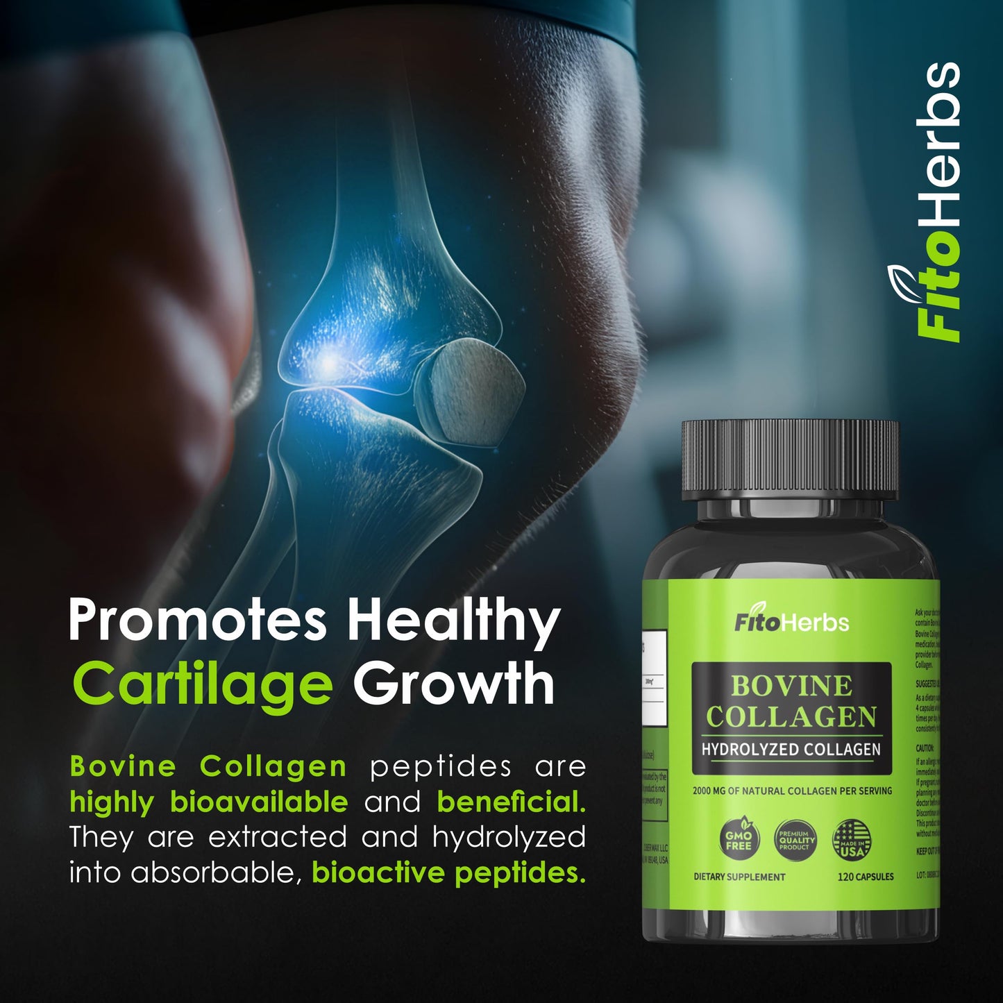 FitoHerbs Vegan Bovine Collagen Capsules – 2000 mg per Serving, Grass-Fed & Non-GMO, 120 Capsules