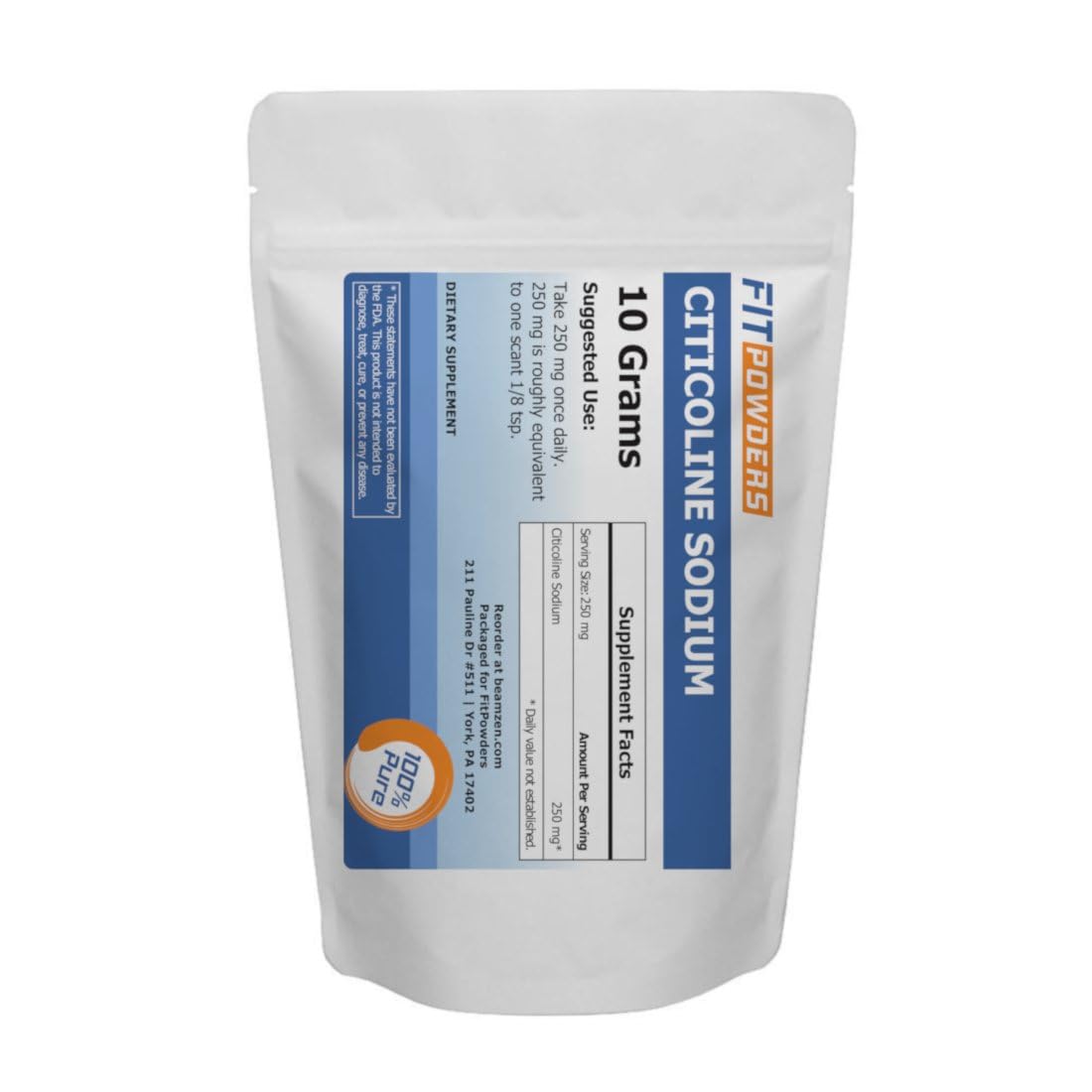 FitPowders Citicoline Powder – CDP-Choline, Non-GMO, 10g with Scoop