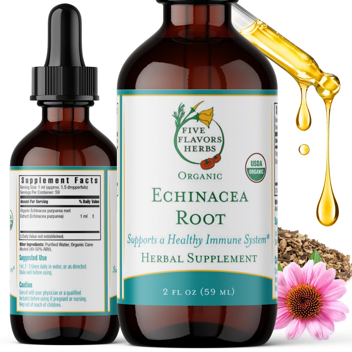 FIVE FLAVORS HERBS Echinacea Root Tincture – Immune Support, Bites & Stings, 2 Fl Oz