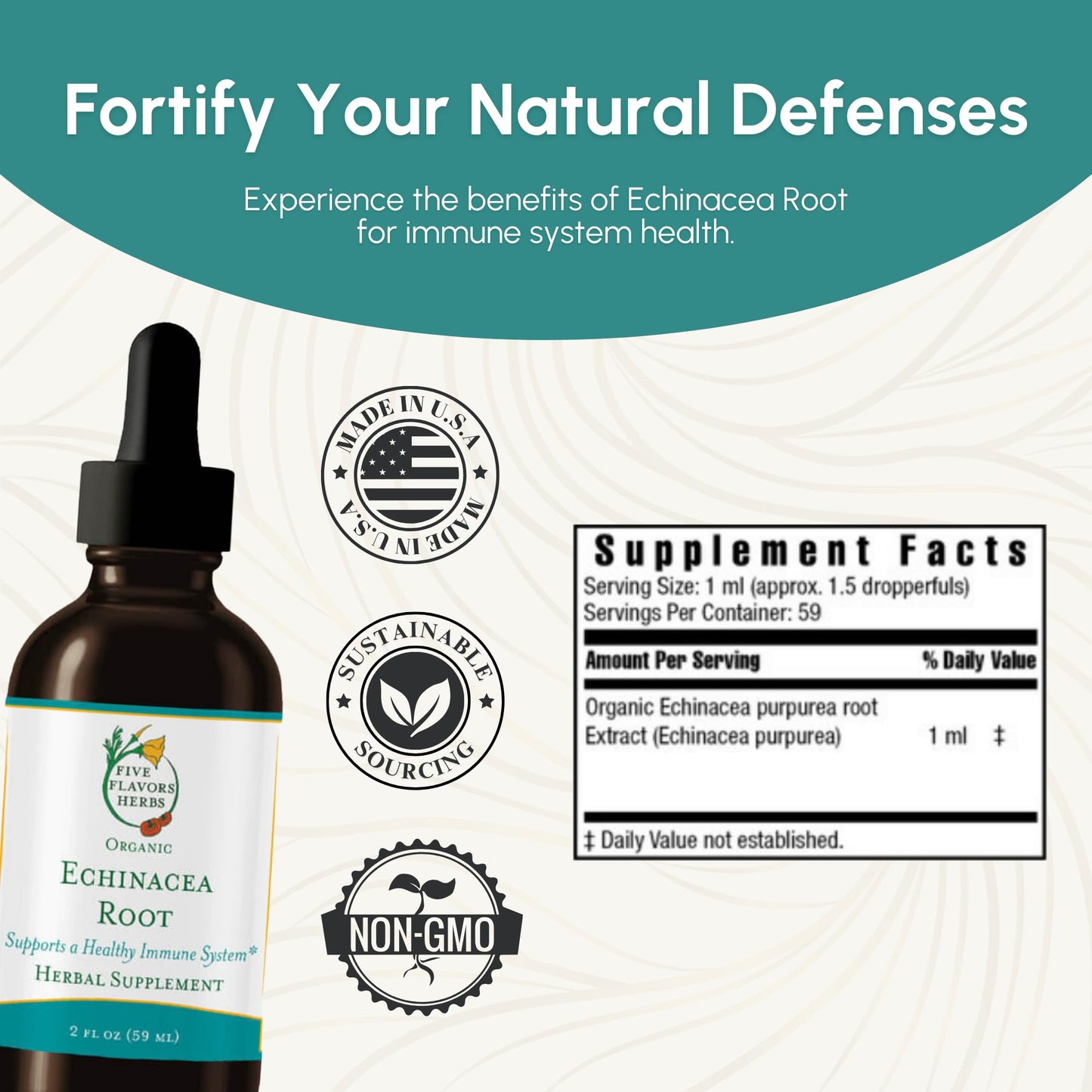 FIVE FLAVORS HERBS Echinacea Root Tincture – Immune Support, Bites & Stings, 2 Fl Oz