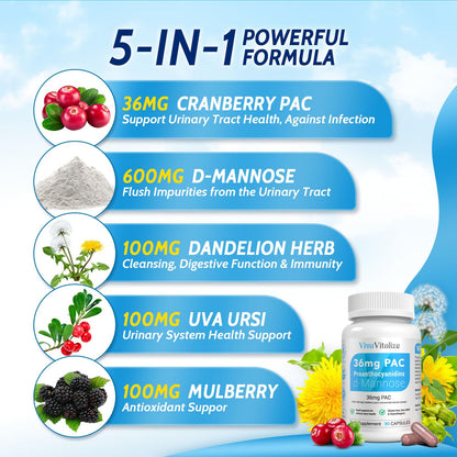 5 in 1 Cranberry UTI Support for Women – 36 mg PAC, 90 Caps