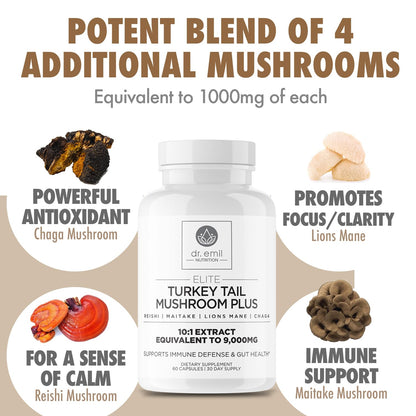 Dr. Emil Nutrition Turkey Tail Mushroom Capsules – Immunity & Gut Health Formula with Lion's Mane, Chaga, Reishi & Maitake