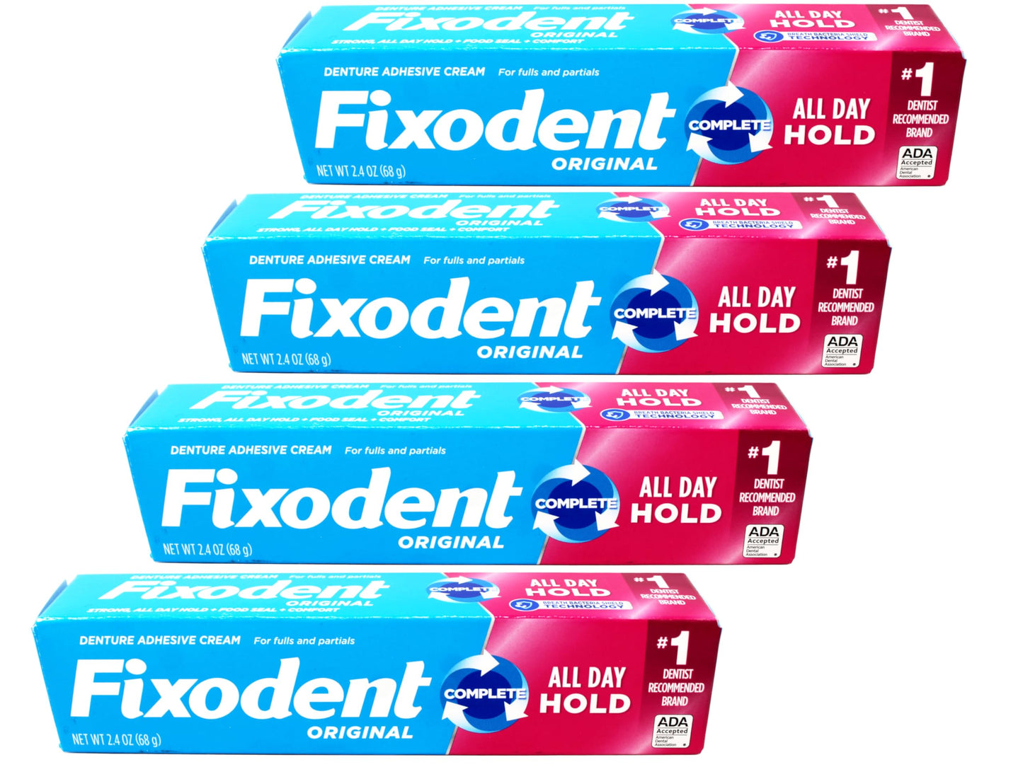 Fixodent Complete Soothing Mint Denture Adhesive Cream – 4 Count (2.4 oz Each) | Strong Hold