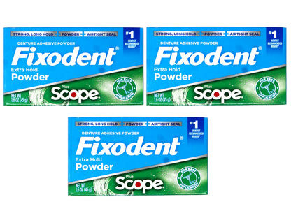 Fixodent Denture Adhesive Powder Extra Strong with Scope - 1.6 oz Pack of 3
