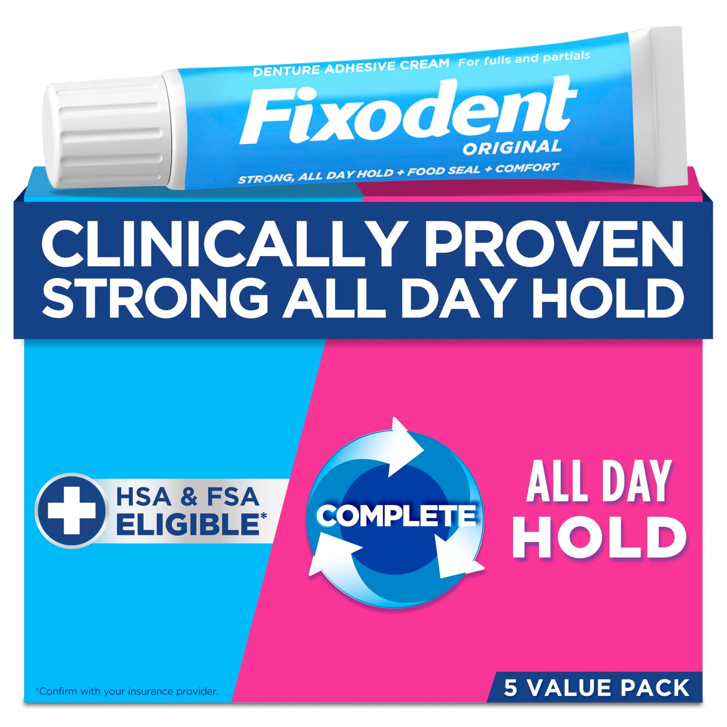Fixodent Original Secure Denture Adhesive Cream – 2.4oz Tubes (Pack of 5) for Full & Partial Dentures