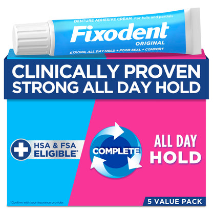 Fixodent Original Secure Denture Adhesive Cream – 2.4oz Tubes (Pack of 5) for Full & Partial Dentures