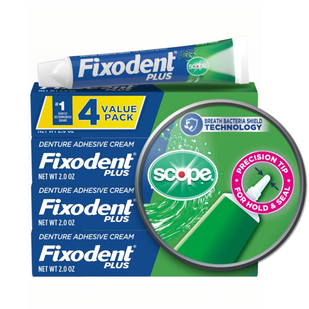 Fixodent Plus Scope Secure Denture Adhesive 2.0oz Pack of 4