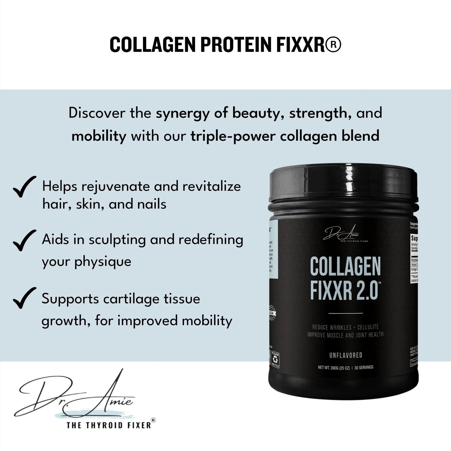 Fixxr Collagen 2.0 by Dr. Amie – 3 Bioactive Collagen Peptides | Unflavored | 30 Servings