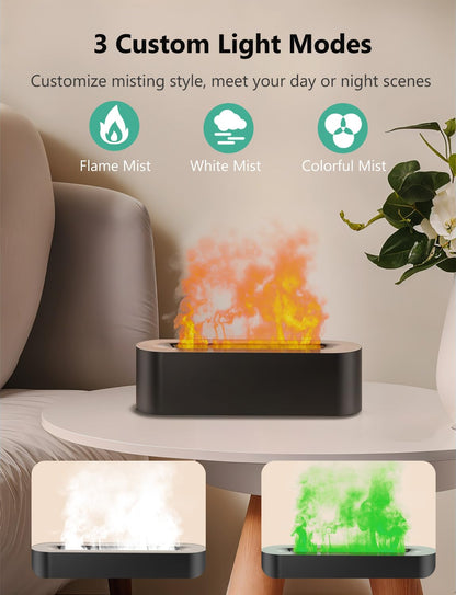 Flame Air Diffuser, Humidifier & Essential Oil Diffuser - 7 Colors, 180mL, 8h, Noiseless, Auto-Off - Black