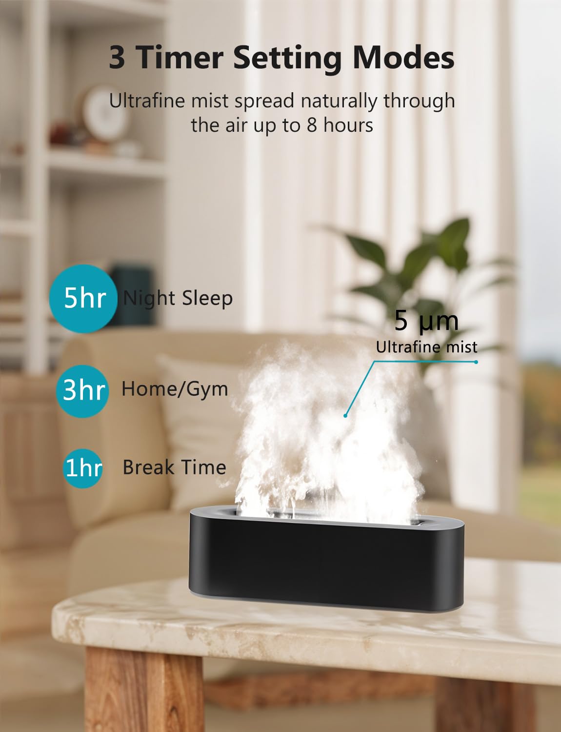 Flame Air Diffuser, Humidifier & Essential Oil Diffuser - 7 Colors, 180mL, 8h, Noiseless, Auto-Off - Black