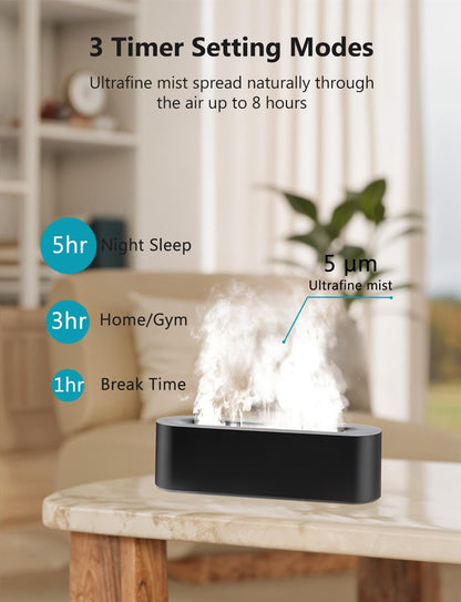 Flame Air Diffuser, Humidifier & Essential Oil Diffuser - 7 Colors, 180mL, 8h, Noiseless, Auto-Off - Black