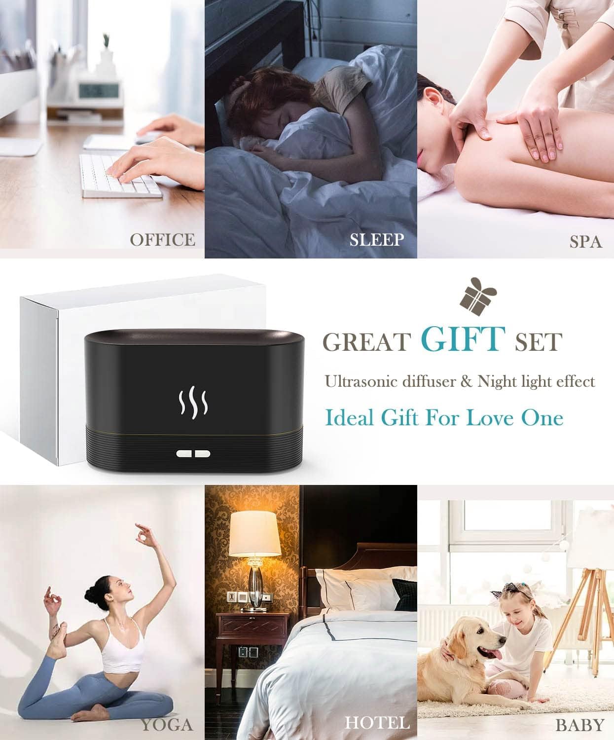 Flame Air Diffuser Humidifier - Ultrasonic Aromatherapy, Auto-Off (Black)