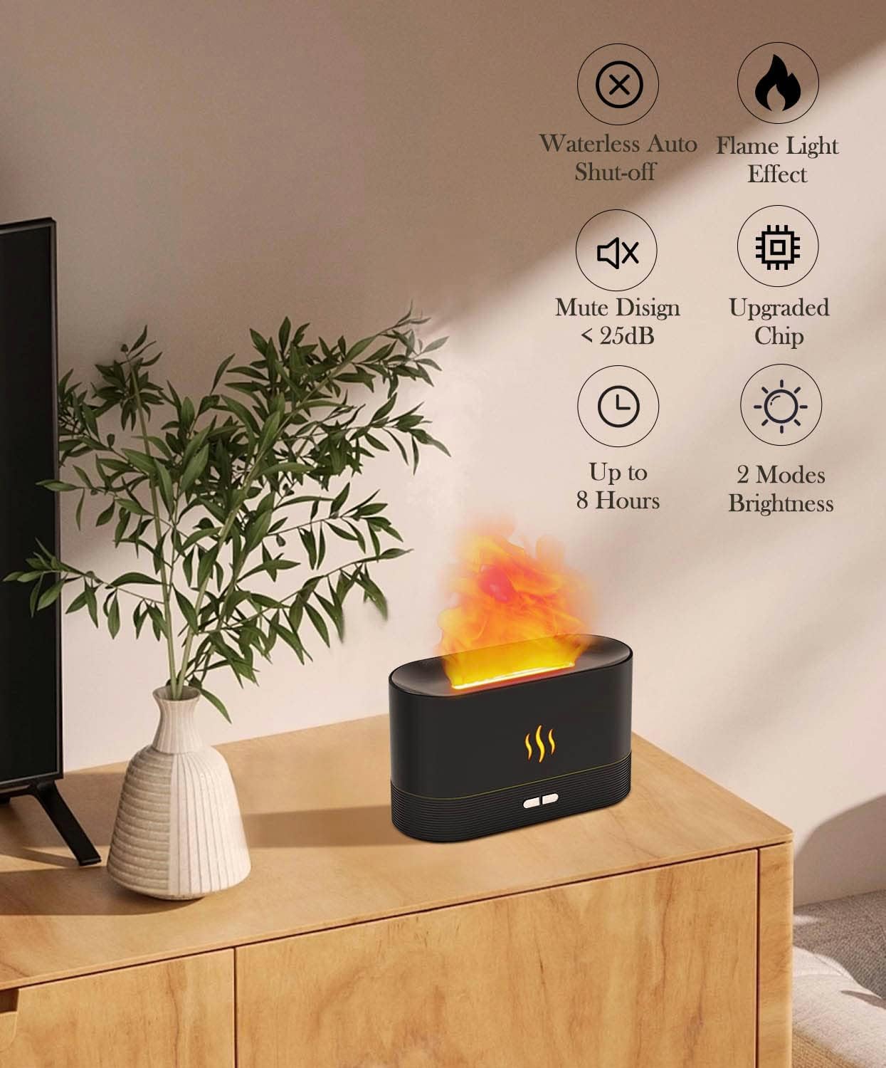 Flame Air Diffuser Humidifier - Ultrasonic Aromatherapy, Auto-Off (Black)
