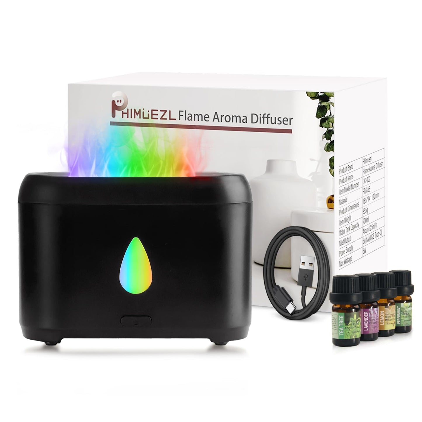 Flame Diffuser for Essential Oils – 200ml Ultrasonic Aroma Diffuser with Auto-Off, 7-Color Lights + Oils (5ml) | Small Humidifier for Home & Office