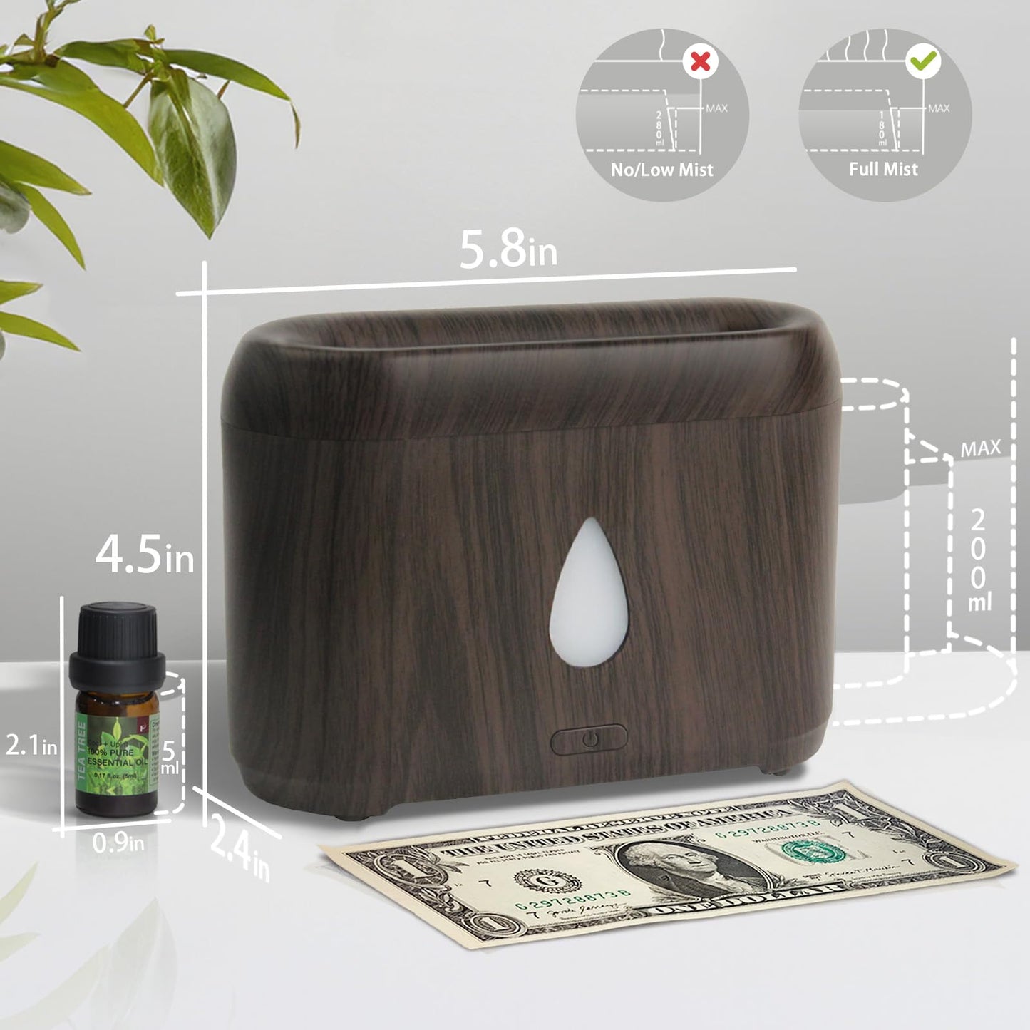 Flame Diffuser for Essential Oils – 200ml Ultrasonic Aroma Diffuser with Auto-Off (Dark Wood Grain, 7 Colors)