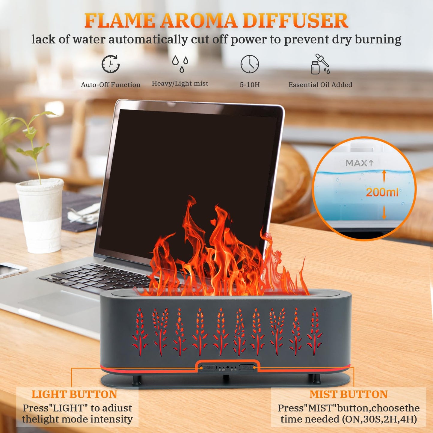 Essential Oil Diffuser Flame Air 200ml – Auto-Off, 4 Timer Modes (Wheat-Gray)