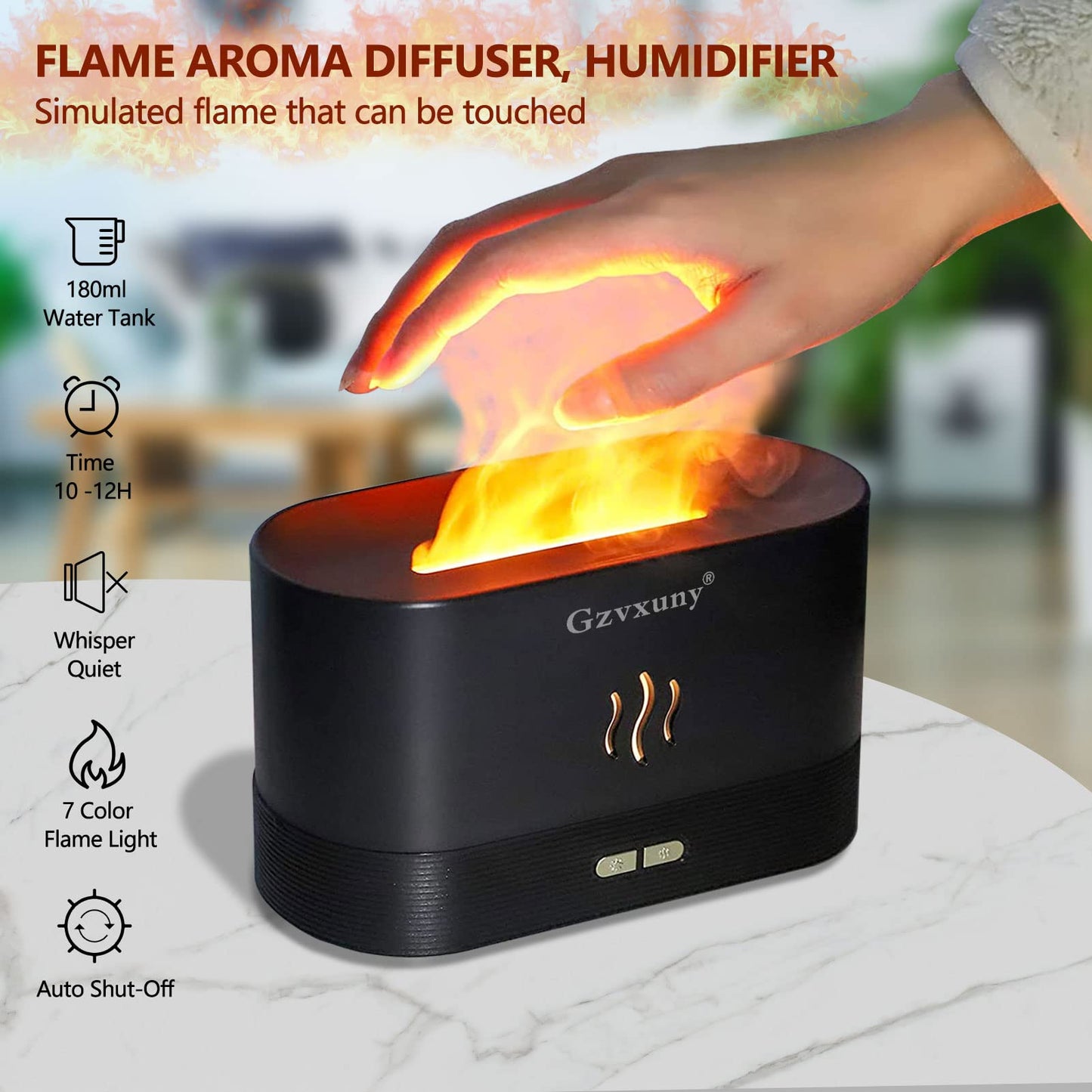 Flame Essential Oil Diffuser - 7-Color LED Flame Lights | Ultra Quiet Humidifier (Black)
