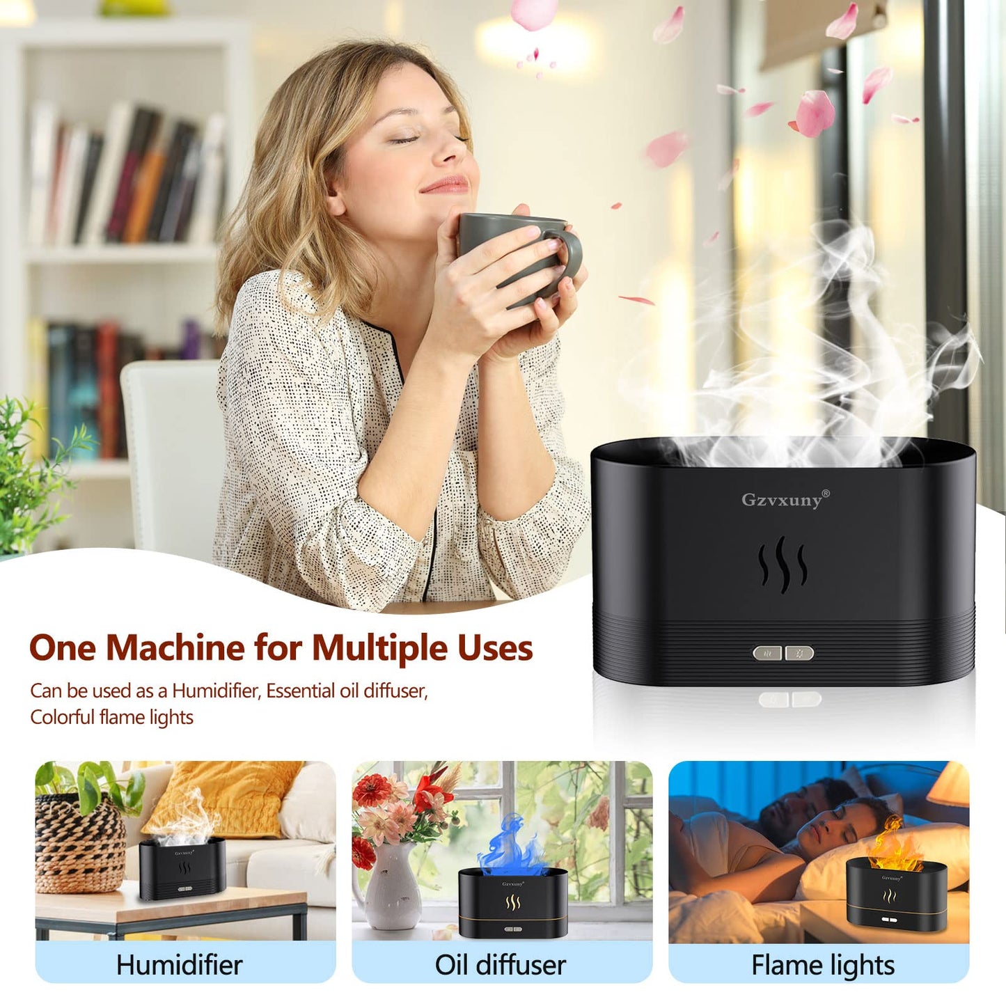 Flame Essential Oil Diffuser - 7-Color LED Flame Lights | Ultra Quiet Humidifier (Black)