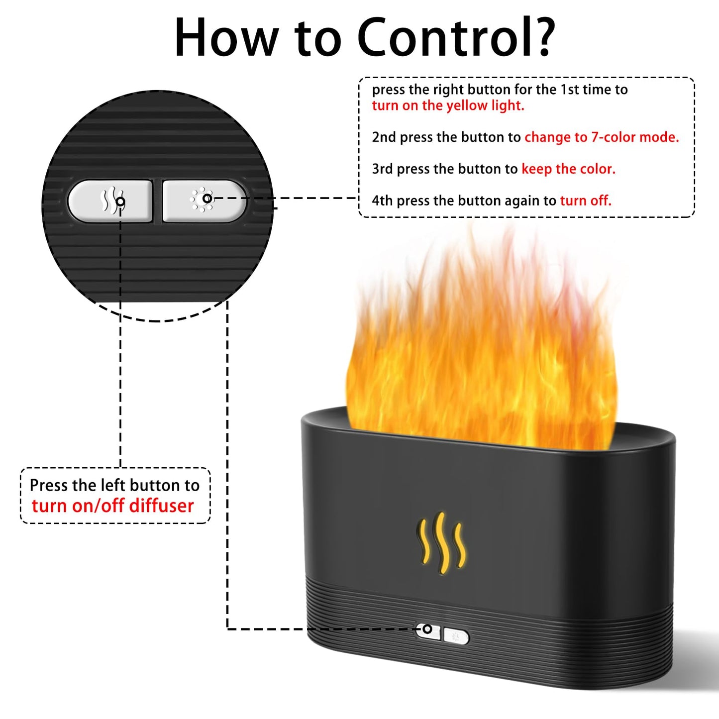 Flame Diffuser Humidifier with Auto Off – 180ml Essential Oil Diffuser (Black) | 2 Modes & Fire Flame Effect